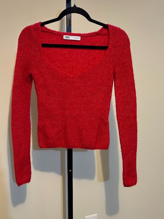 Zara Alpaca Wool Blend Red Square Neck Long Sleeve Sweater - Picture 3 of 9
